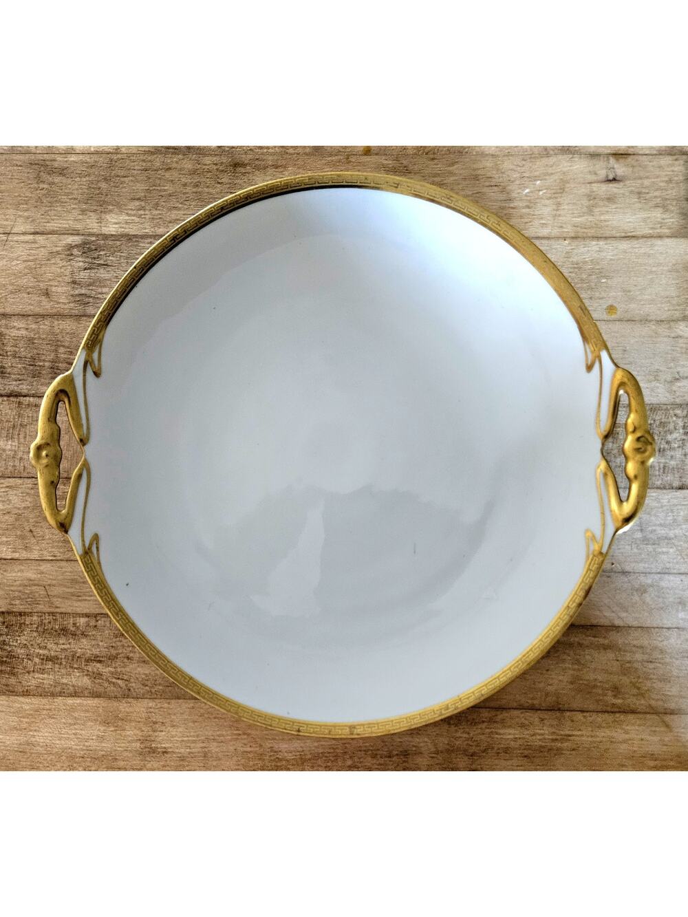 Antique Elite Works Limoges France Plate w/ Handles Gold Trim, Greek Key